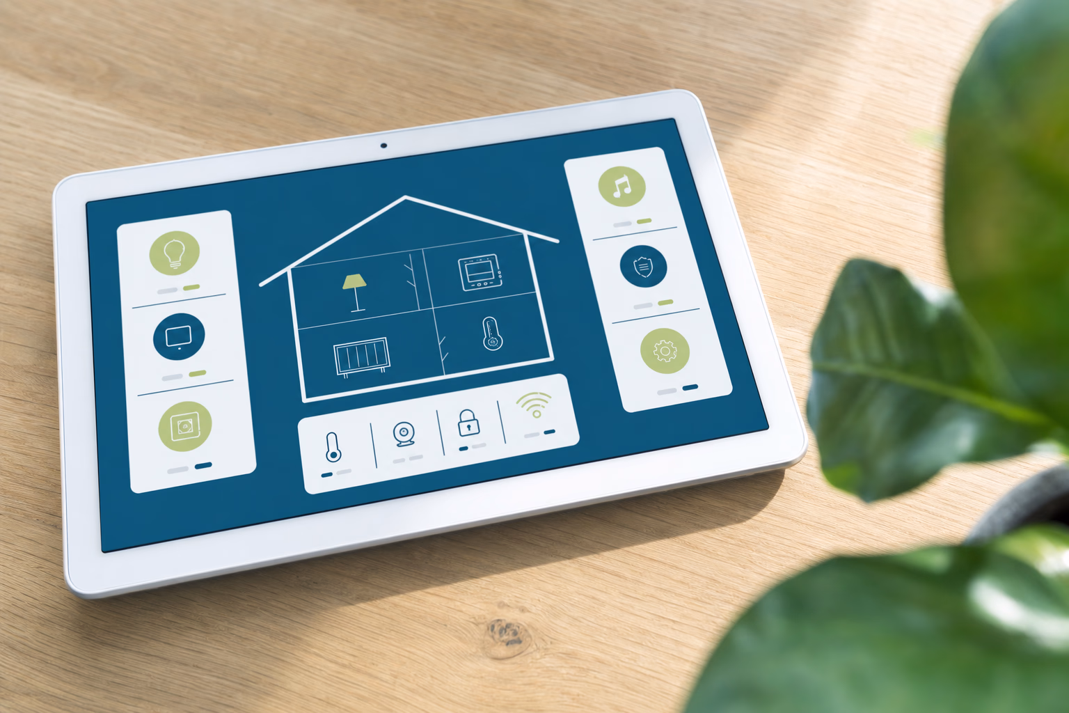 Tablet mit einer schematischen Smart-Home-Übersicht auf einer hellen Holzarbeitsplatte